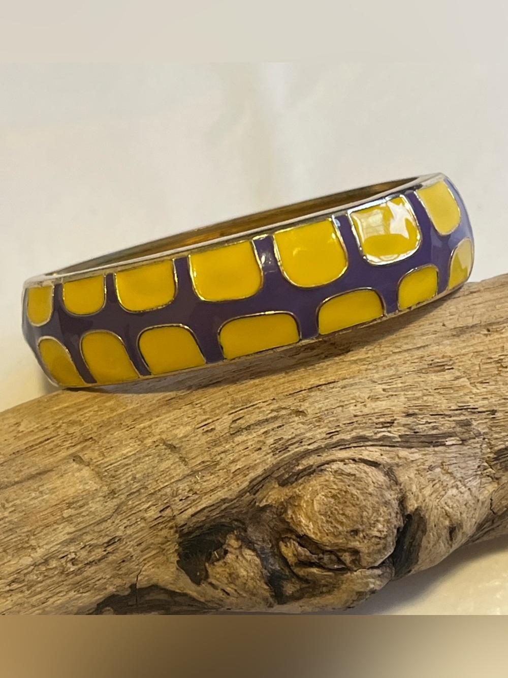 Fornash Enamel Hinged Clasp Bracelet Bangle Goldtone Yellow And Purple 7” EUC
